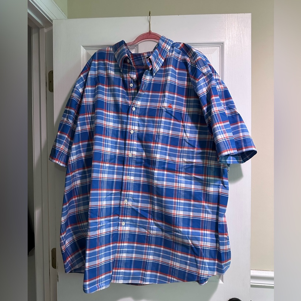 4XL Brooks Brothers Blue, White and Red Plaid Short Sleeve Dress Shirt